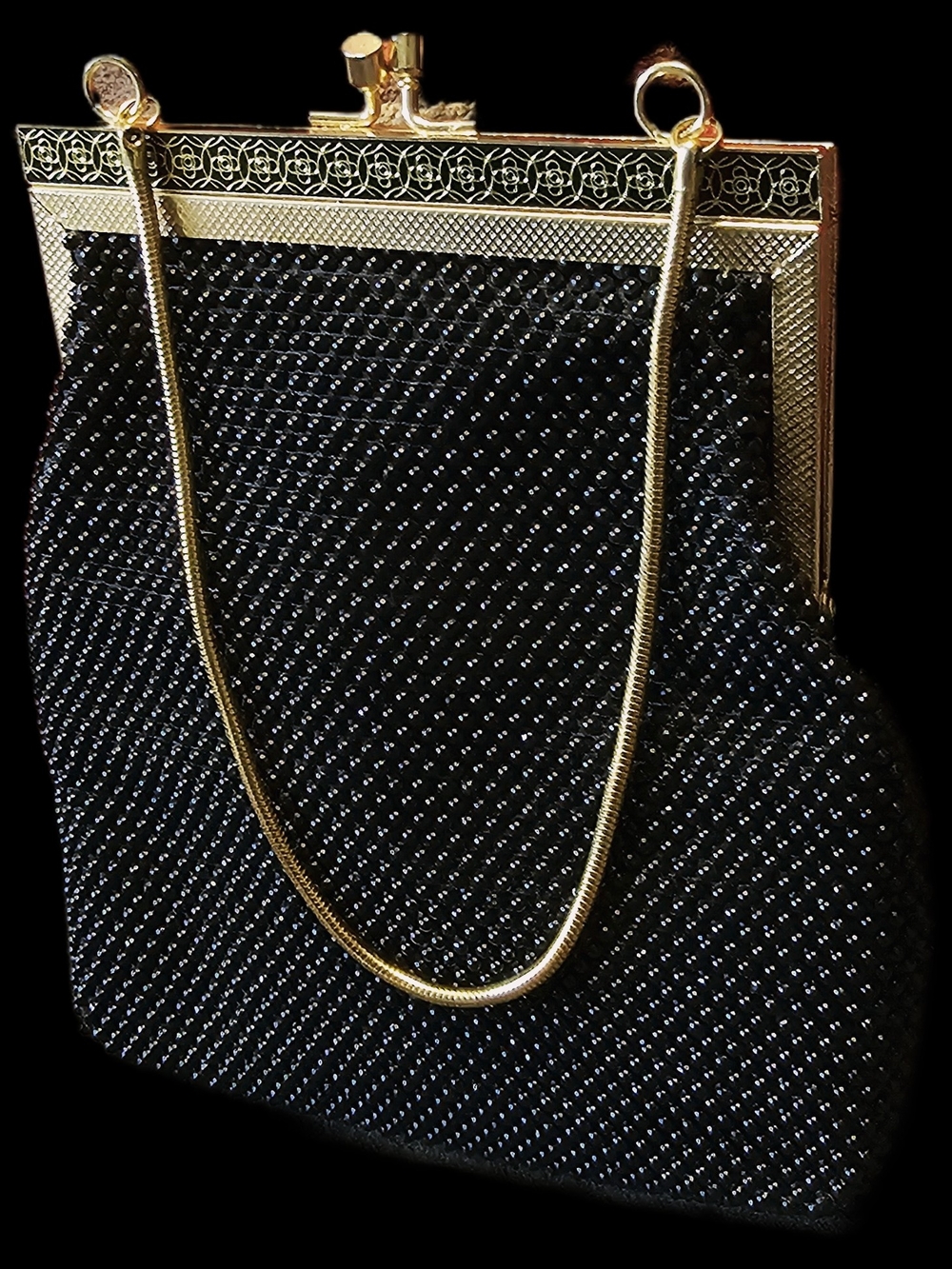 Whiting & Davis Black Beaded Evening Clutch with Gold Frame